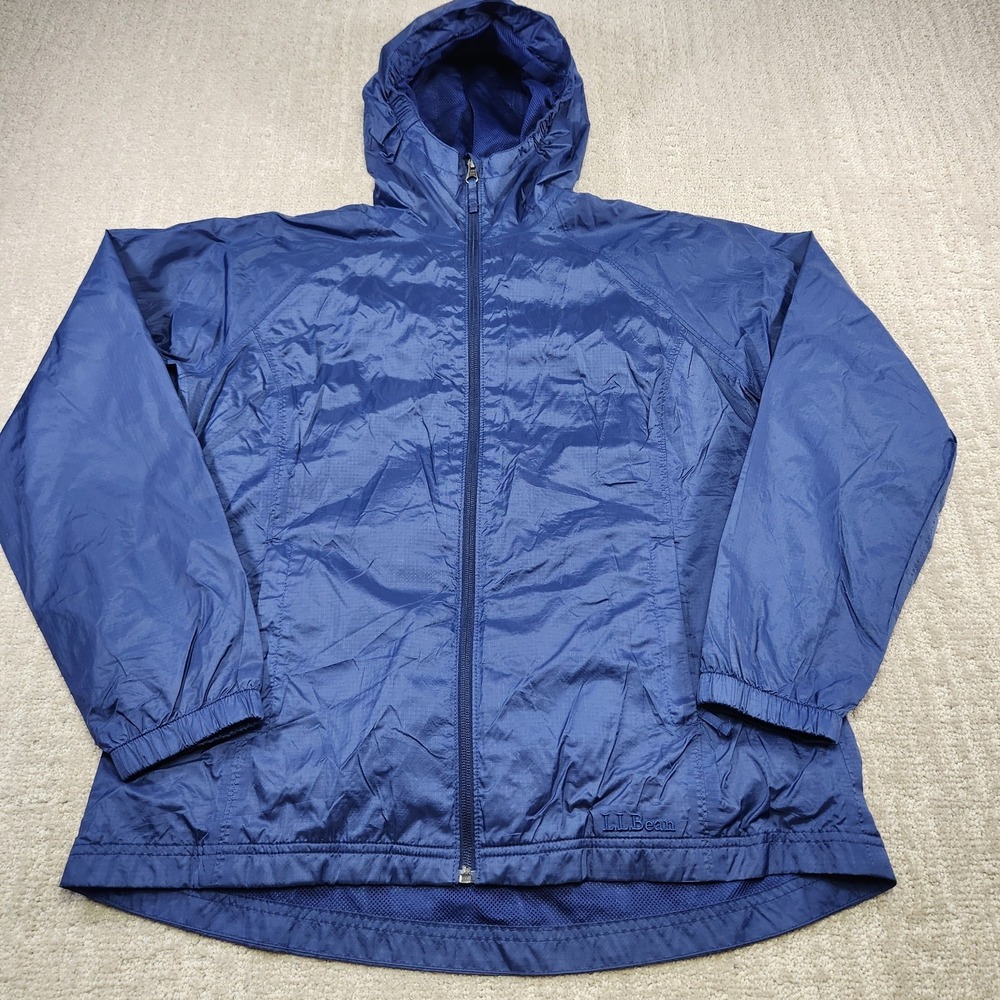 LL Bean Rain Jacket Women Small Trail Model Blue Hooded Nylon Ripstop Hiking
